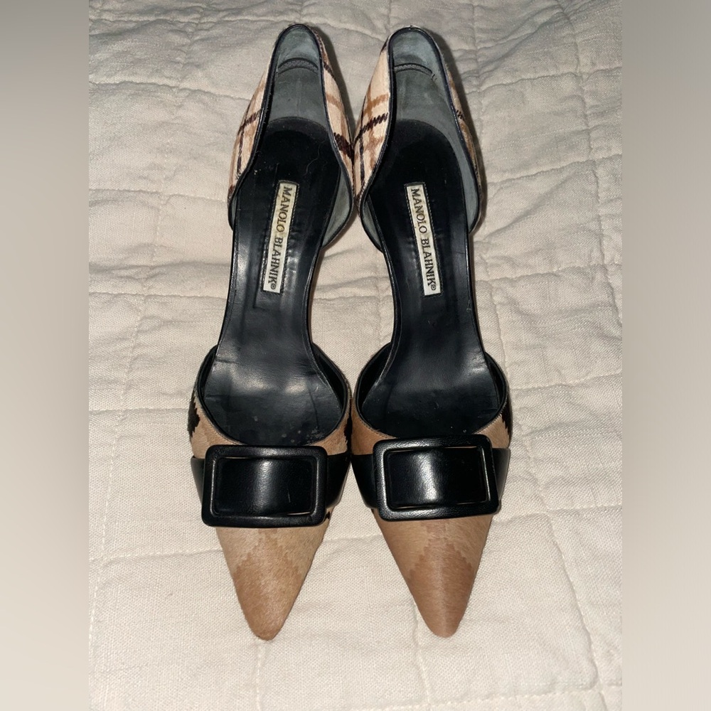 Monolo Blahnik pony hair plaid print  D’Orsey pumps